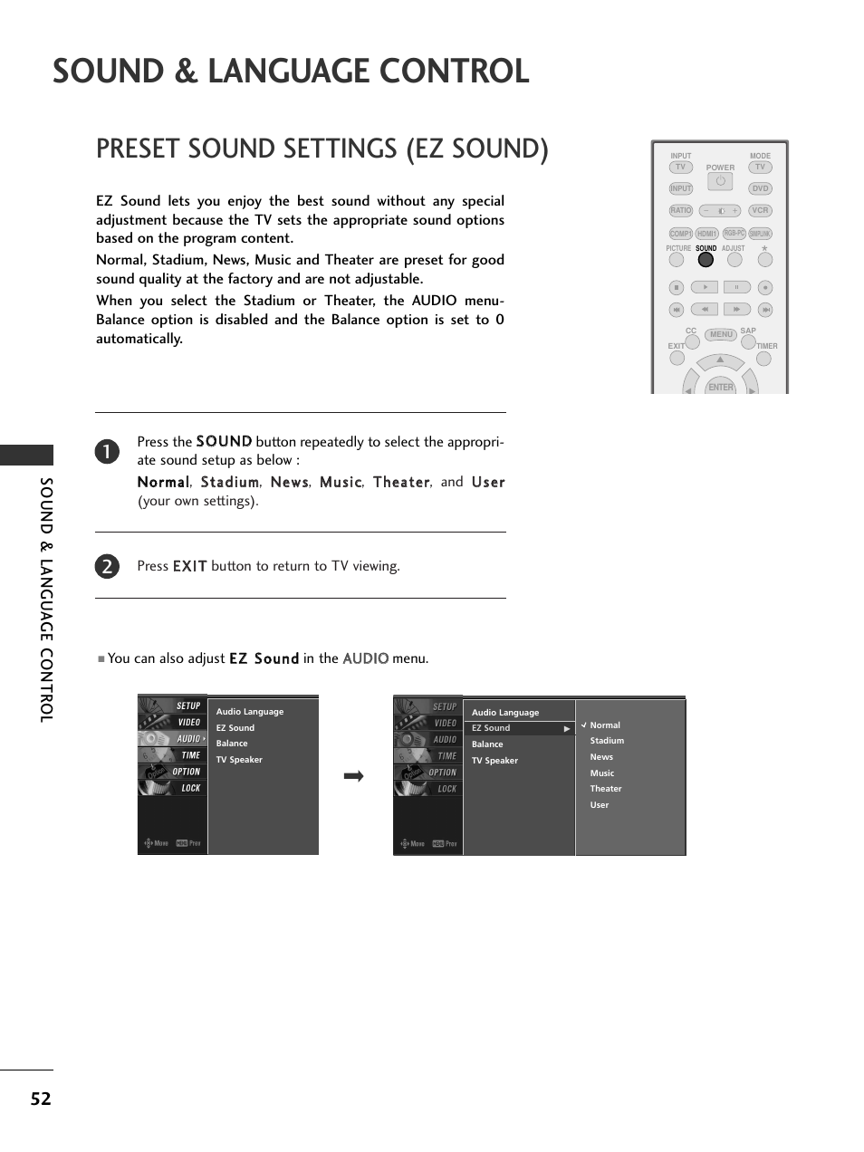 Sound & language control, Preset sound settings (ez sound), Sound & langu a ge contr ol | LG 26LC7DC User Manual | Page 54 / 90