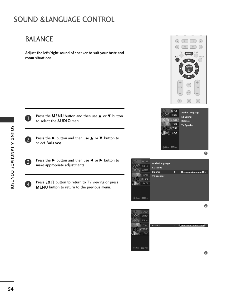 Balance, Sound &language control, Sound & langu a ge contr ol | LG 26LC7DC User Manual | Page 56 / 90