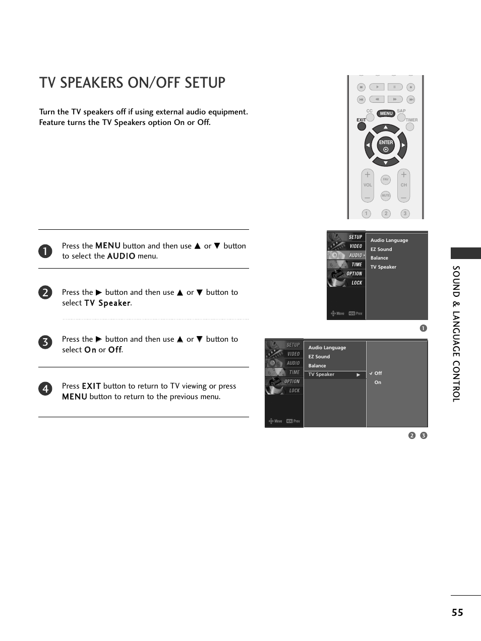 Tv speakers on/off setup, Sound & langu a ge contr ol | LG 26LC7DC User Manual | Page 57 / 90