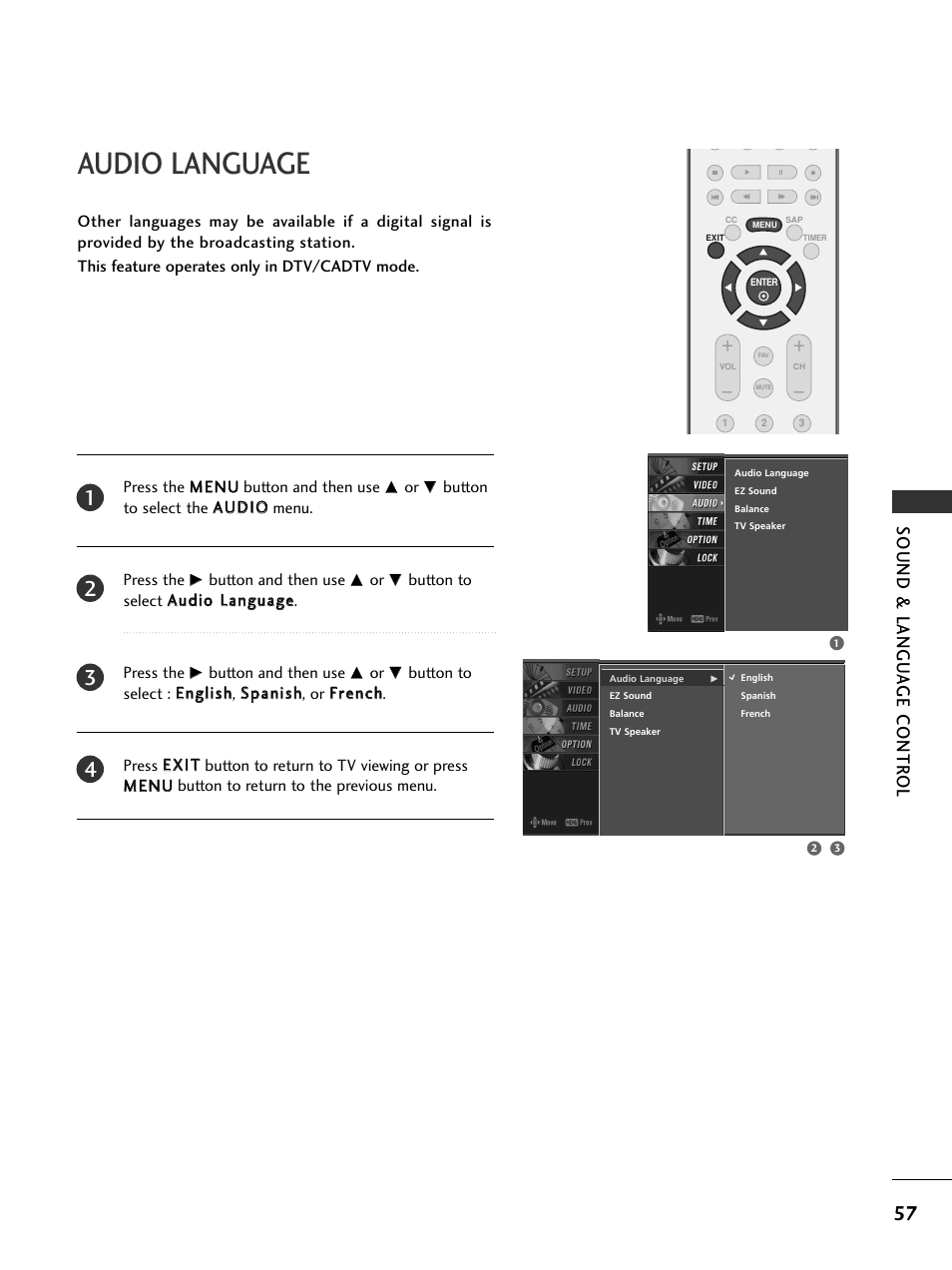 Audio language, Sound & langu a ge contr ol | LG 26LC7DC User Manual | Page 59 / 90