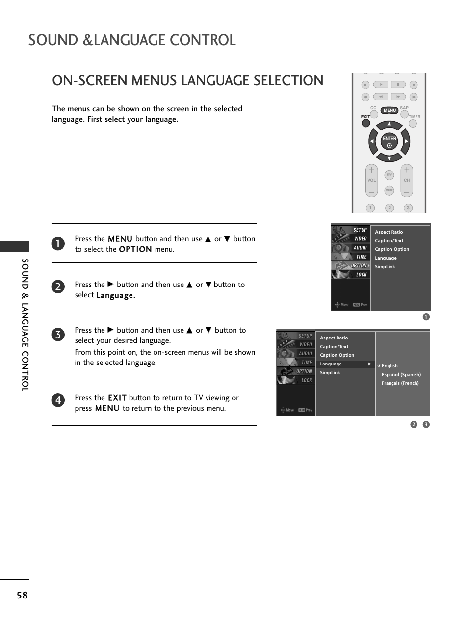 On-screen menus language selection, Sound &language control, Sound & langu a ge contr ol | LG 26LC7DC User Manual | Page 60 / 90