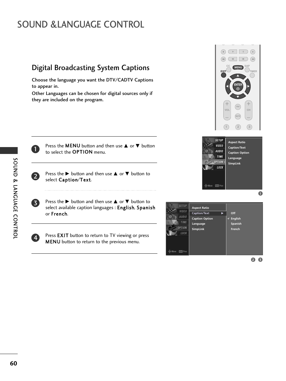 Digital broadcasting system captions, Sound &language control, Sound & langu a ge contr ol | LG 26LC7DC User Manual | Page 62 / 90