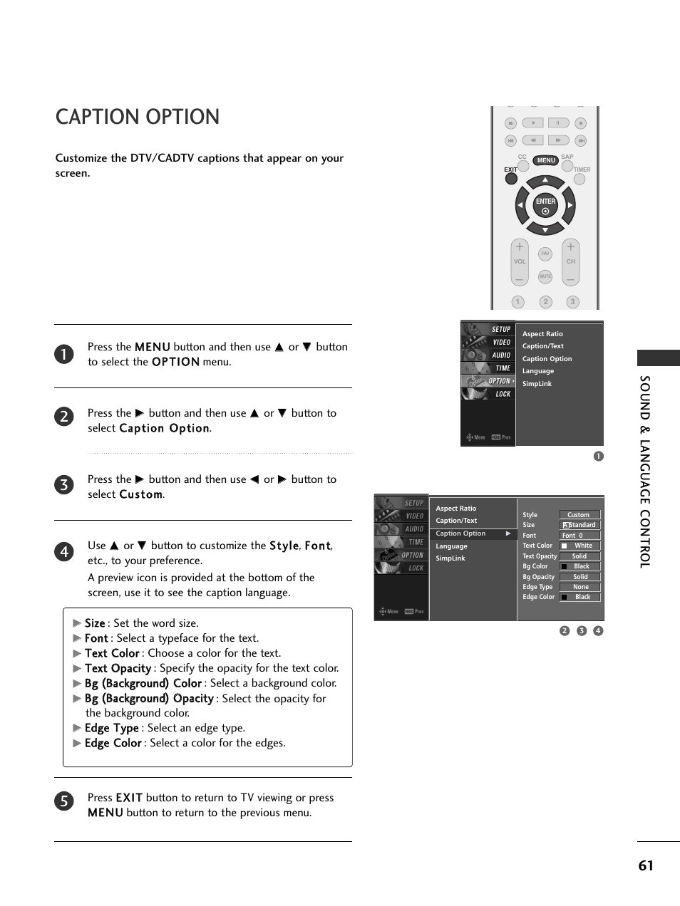 Caption option, Sound & langu a ge contr ol | LG 26LC7DC User Manual | Page 63 / 90