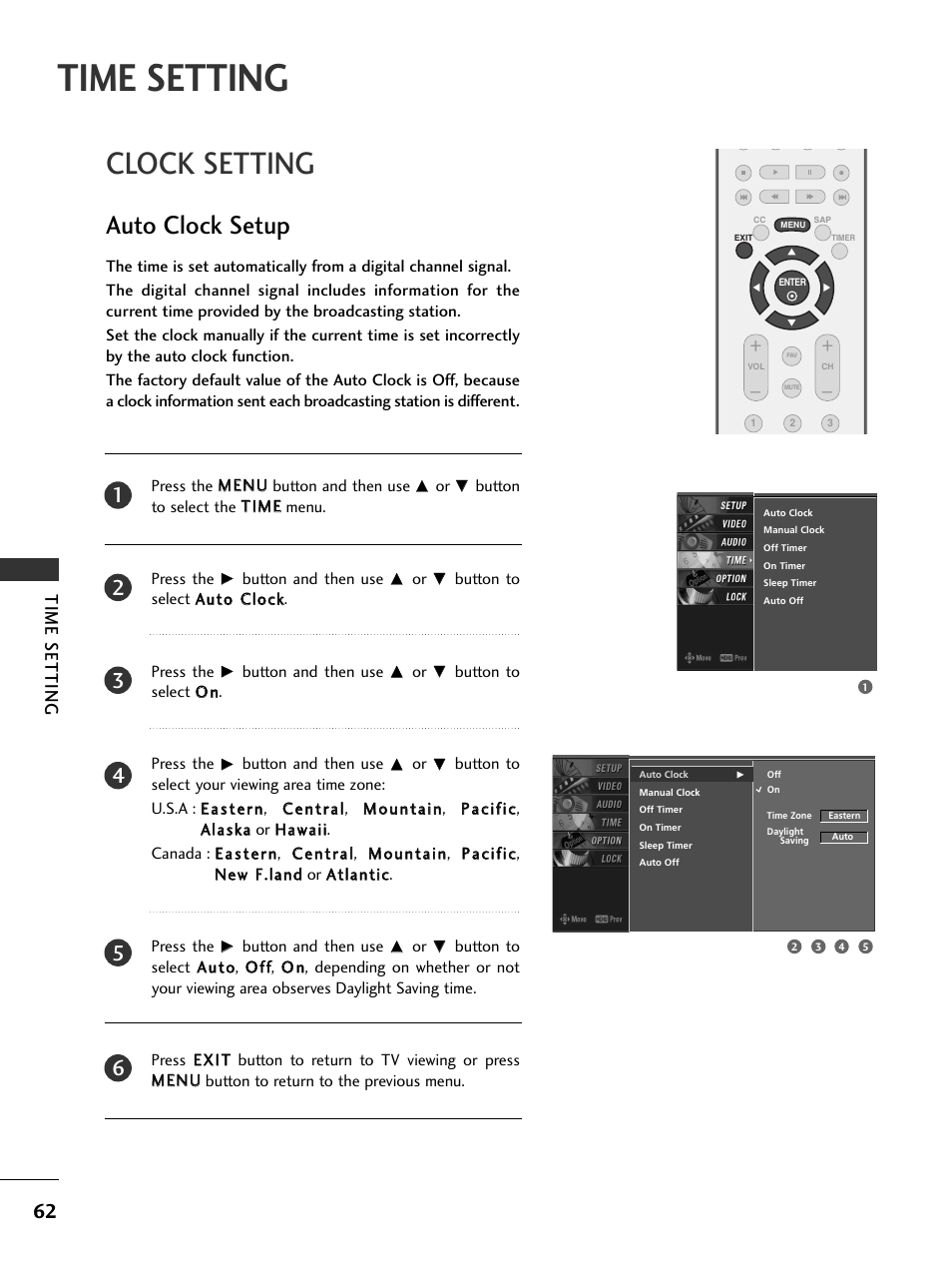 Time setting, Clock setting, Auto clock setup | LG 26LC7DC User Manual | Page 64 / 90