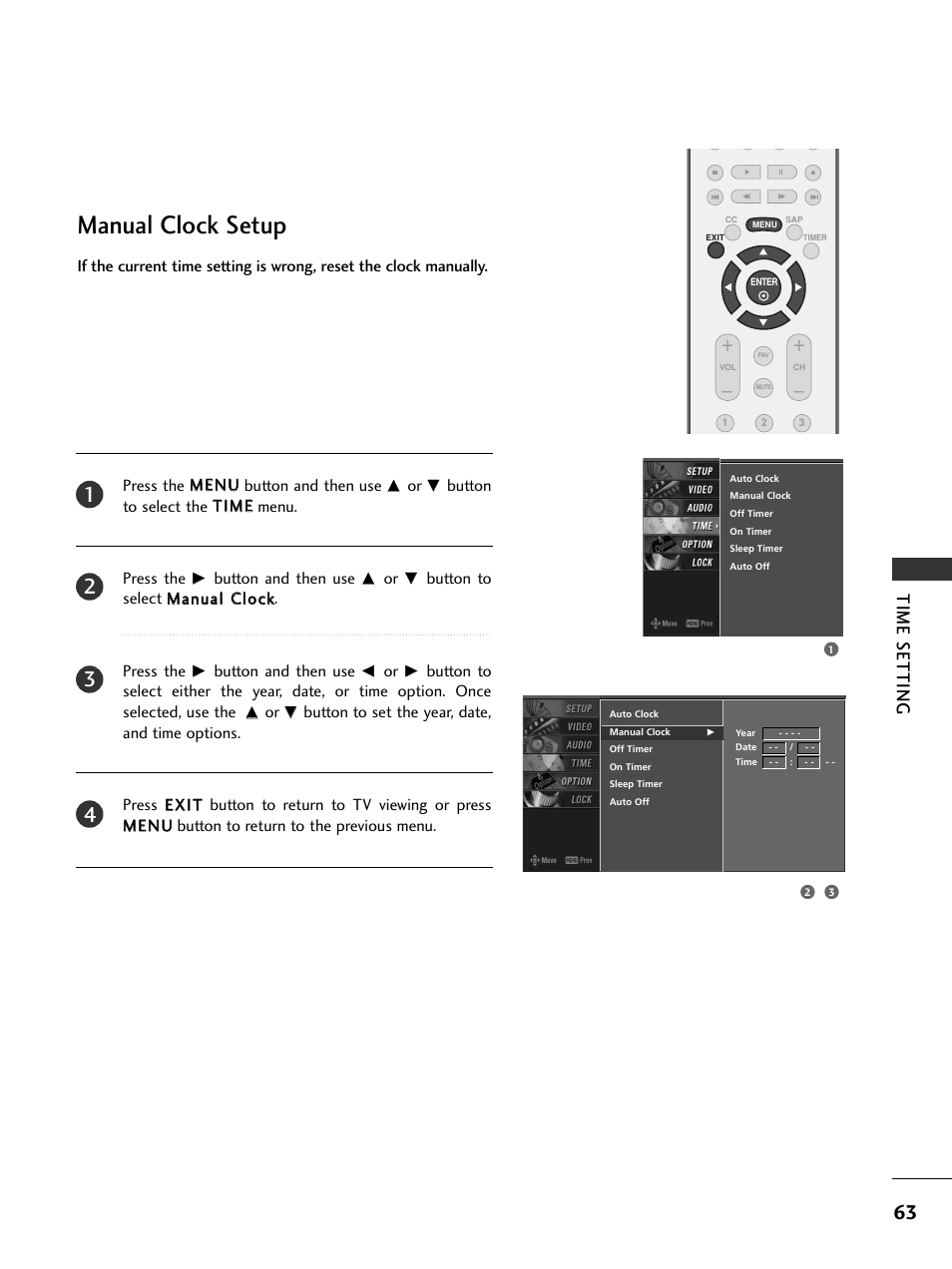 Manual clock setup, Time setting | LG 26LC7DC User Manual | Page 65 / 90