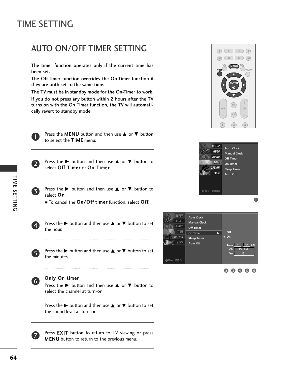 Auto on/off timer setting, Time setting | LG 26LC7DC User Manual | Page 66 / 90