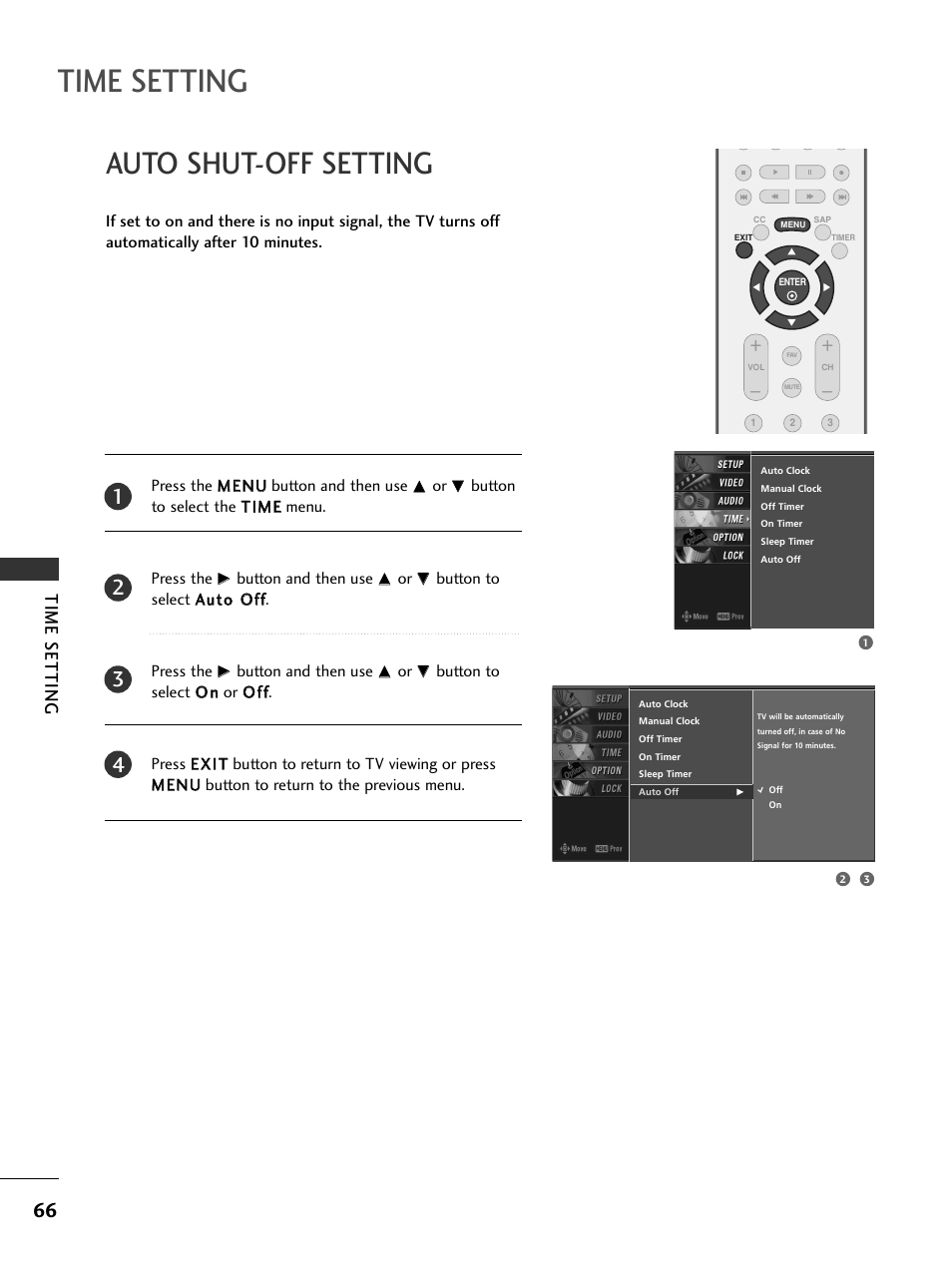 Auto shut-off setting, Time setting | LG 26LC7DC User Manual | Page 68 / 90