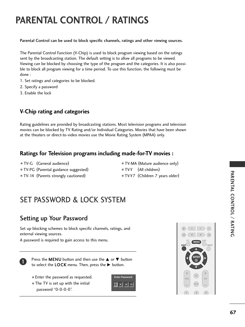 Parental control / ratings, Set password & lock system, Setting up your password | V-chip rating and categories, Parent al contr ol / r a ting | LG 26LC7DC User Manual | Page 69 / 90