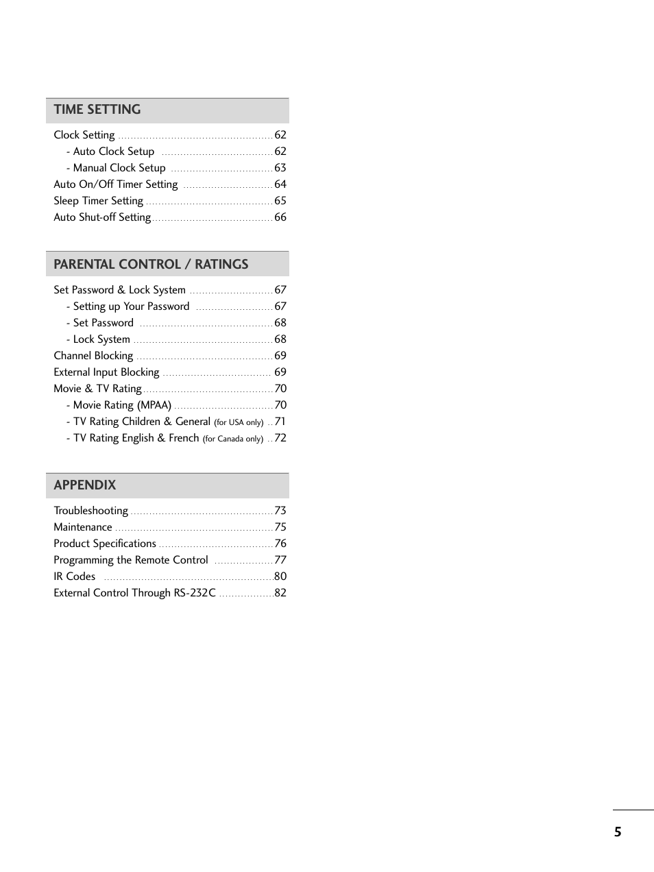 5time setting, Parental control / ratings, Appendix | LG 26LC7DC User Manual | Page 7 / 90