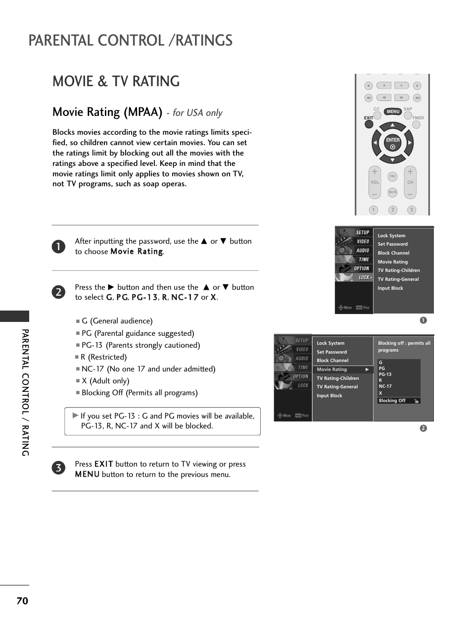 Movie & tv rating, Movie rating (mpaa) - for usa only, Parental control /ratings | Movie rating (mpaa), For usa only, Parent al contr ol / r a ting | LG 26LC7DC User Manual | Page 72 / 90