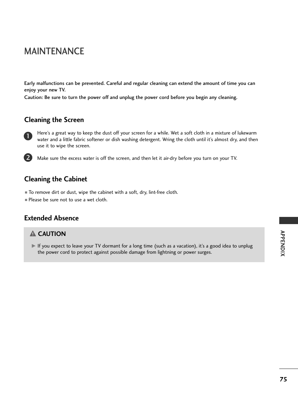 Maintenance, Cleaning the screen, Cleaning the cabinet | Extended absence | LG 26LC7DC User Manual | Page 77 / 90