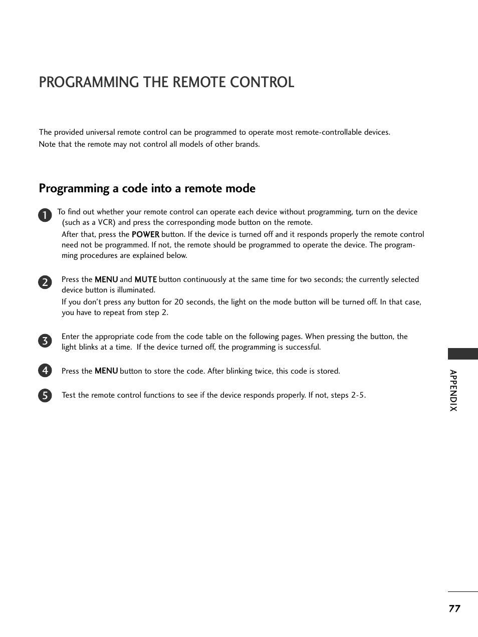 Programming the remote control, Programming a code into a remote mode | LG 26LC7DC User Manual | Page 79 / 90
