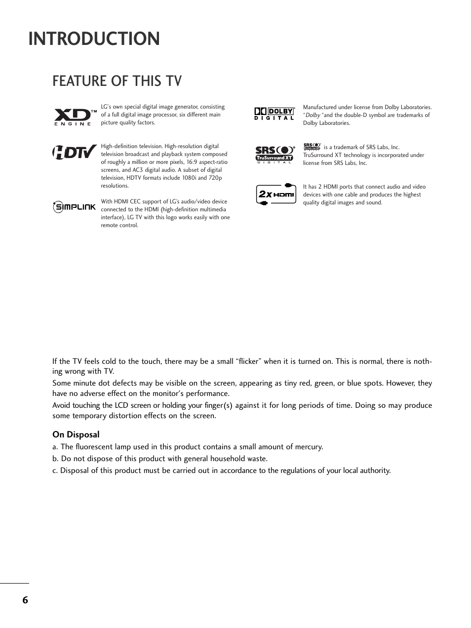 Introduction, Feature of this tv | LG 26LC7DC User Manual | Page 8 / 90