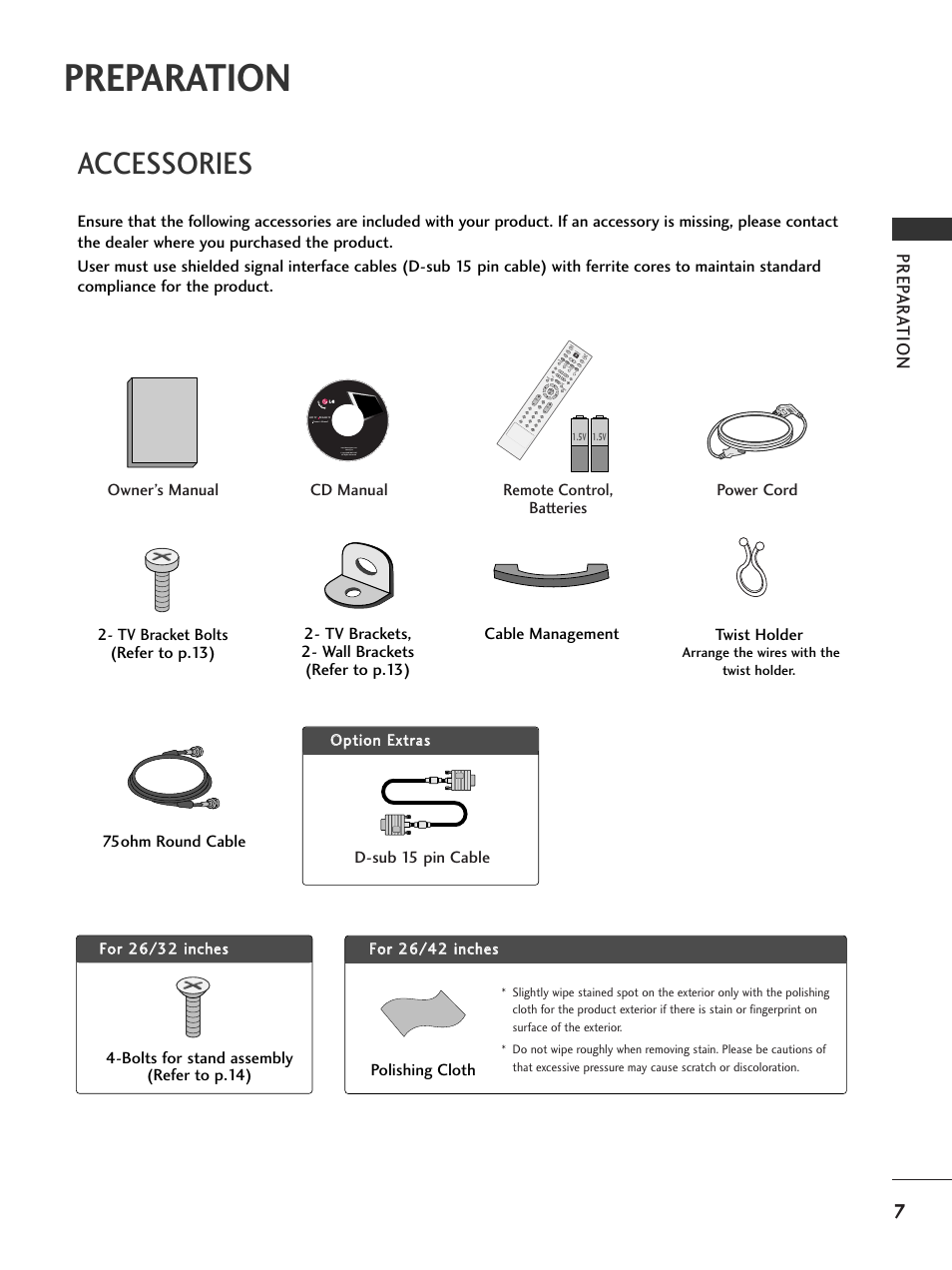 Preparation, Accessories, Prep ar a tion | LG 26LC7DC User Manual | Page 9 / 90