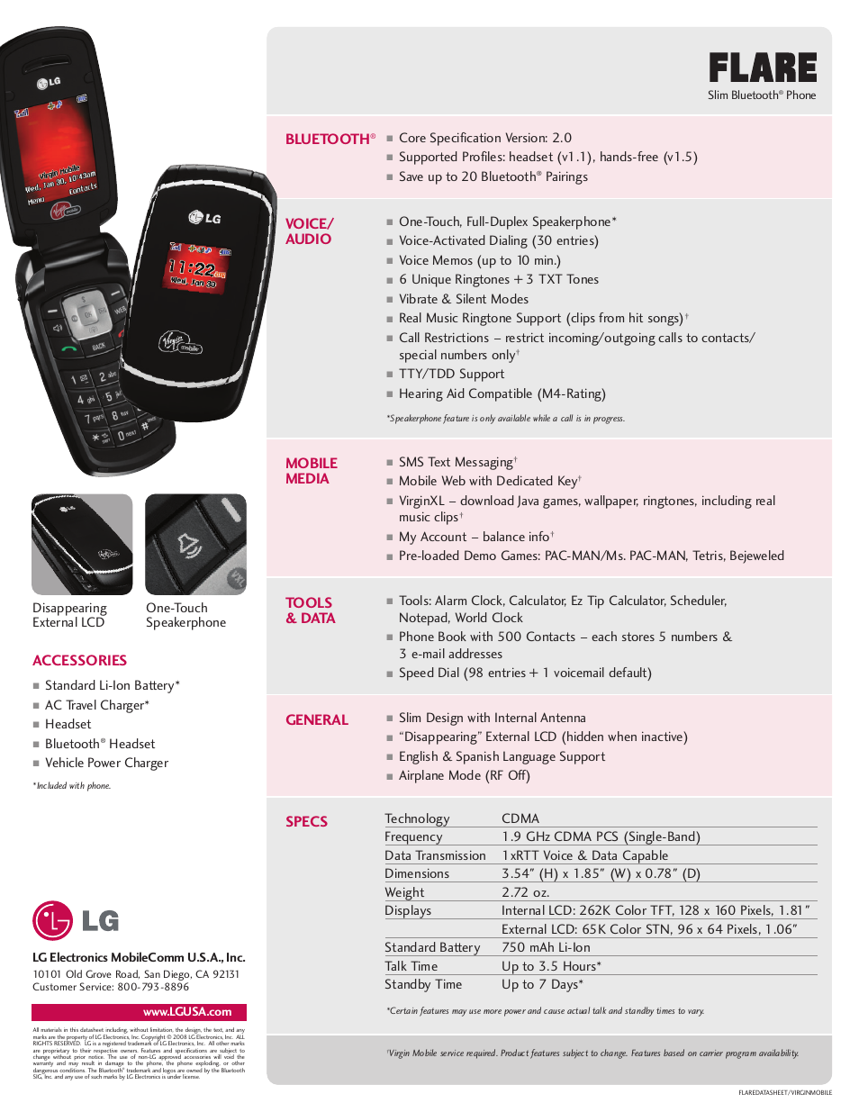 Accessories, Bluetooth, Voice/ audio | Mobile media, Tools & data, General, Specs | LG LX165 User Manual | Page 2 / 2
