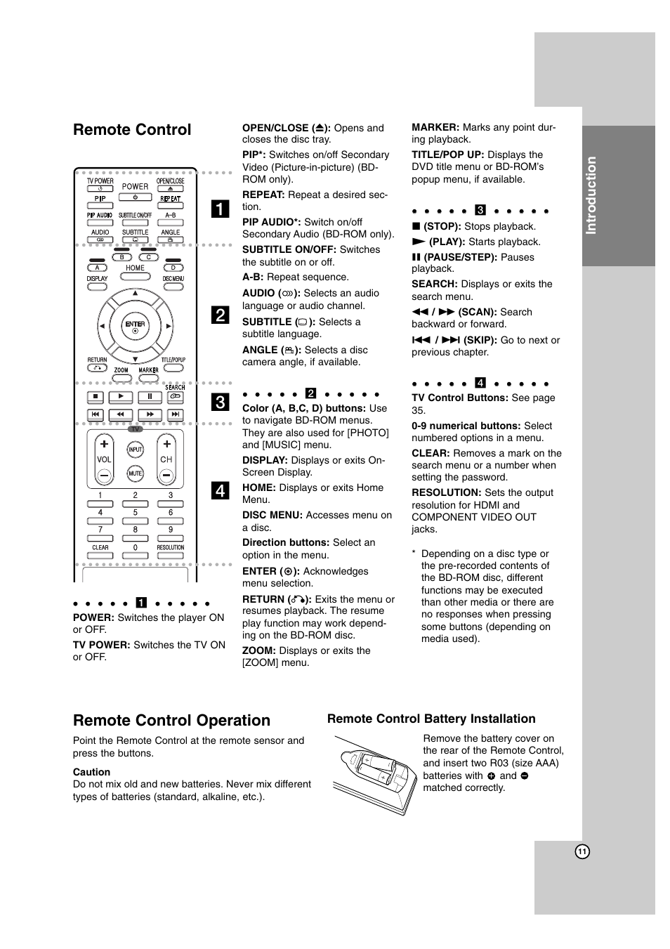 Ab c d, Remote control, Remote control operation | Introduction, Remote control battery installation | LG BD300 User Manual | Page 11 / 44