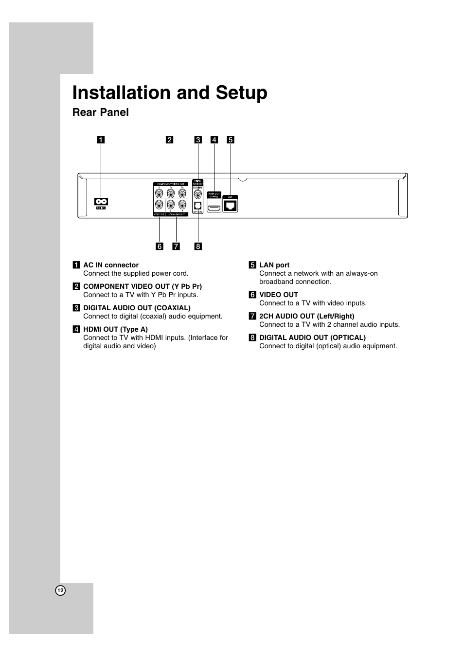 Installation and setup, Rear panel | LG BD300 User Manual | Page 12 / 44