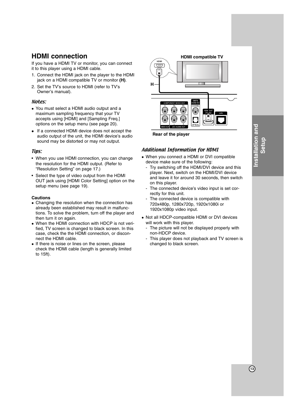 Hdmi connection, Installation and setup | LG BD300 User Manual | Page 13 / 44