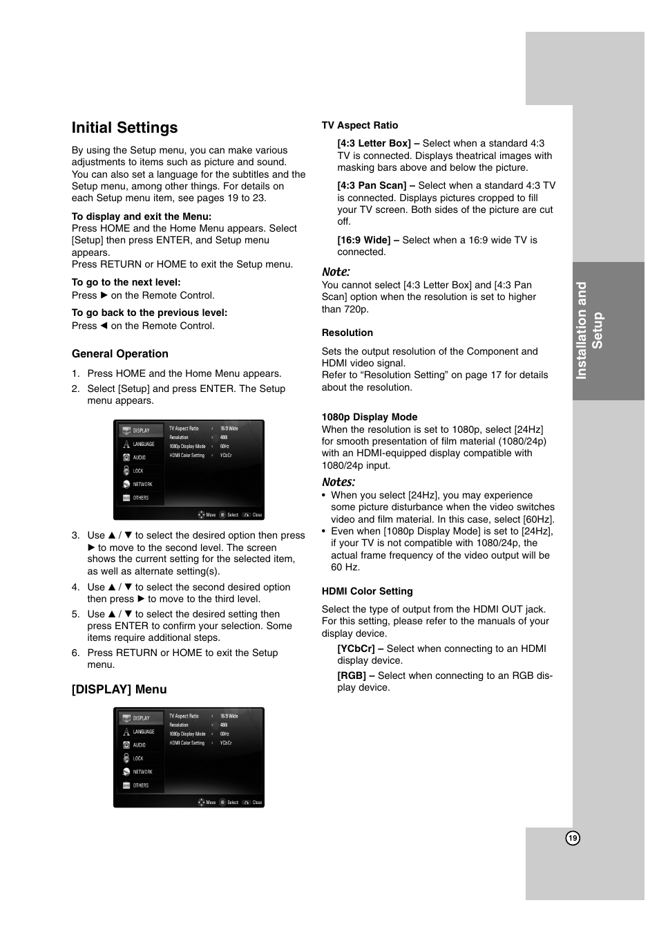 Initial settings, Installation and setup | LG BD300 User Manual | Page 19 / 44