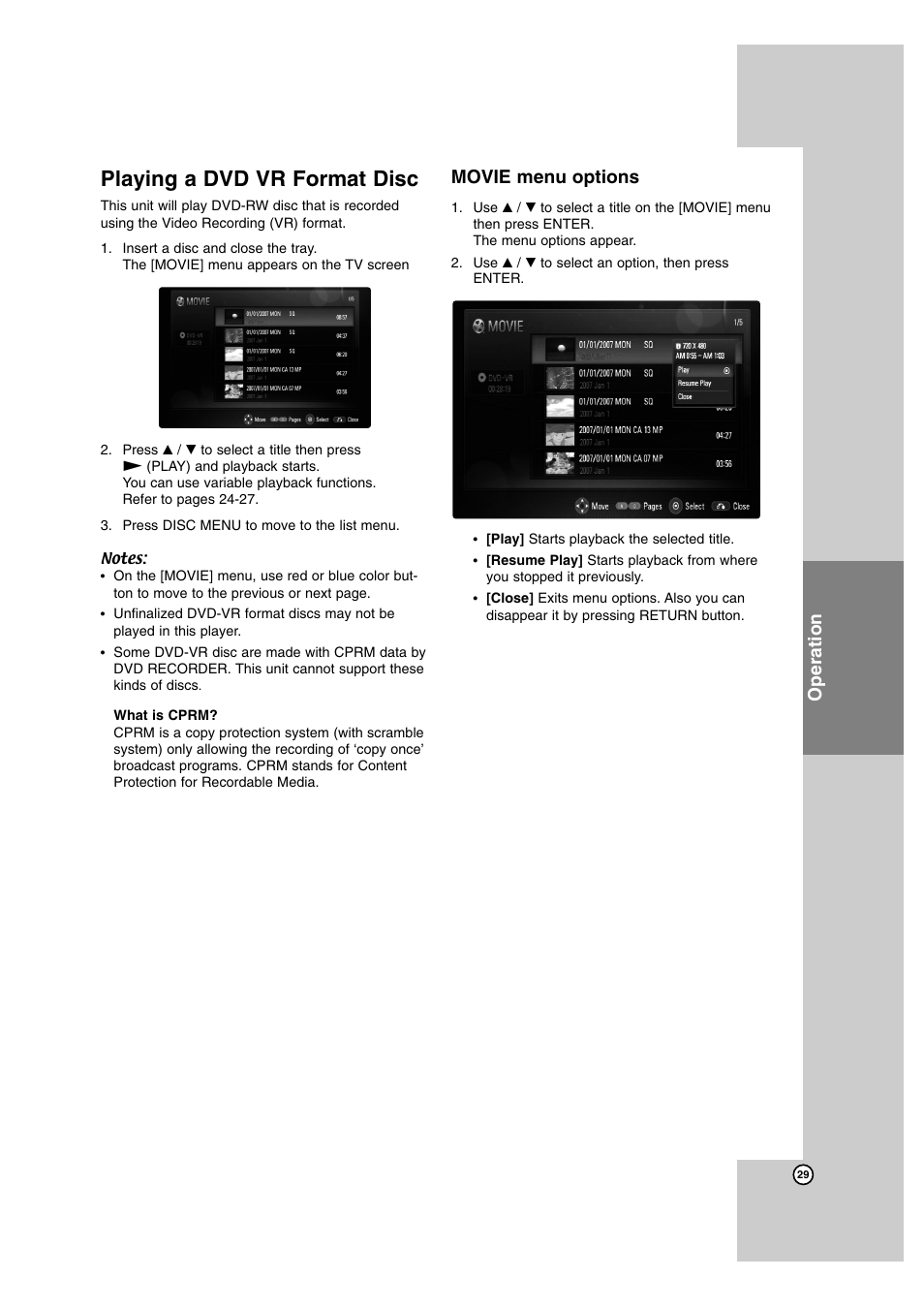 Playing a dvd vr format disc, Operation, Movie menu options | LG BD300 User Manual | Page 29 / 44