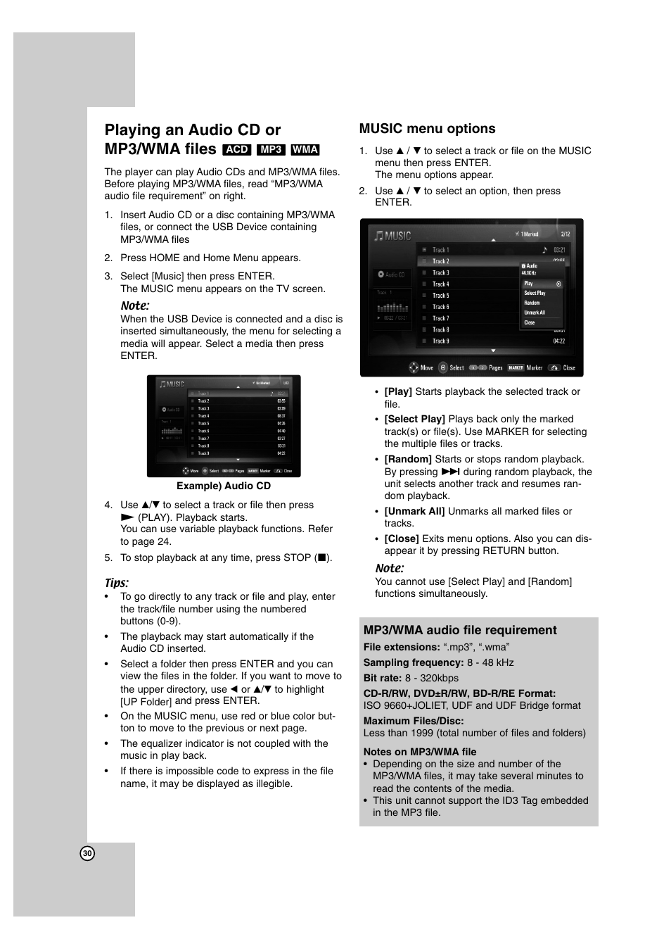 Playing an audio cd or mp3/wma files, Music menu options | LG BD300 User Manual | Page 30 / 44