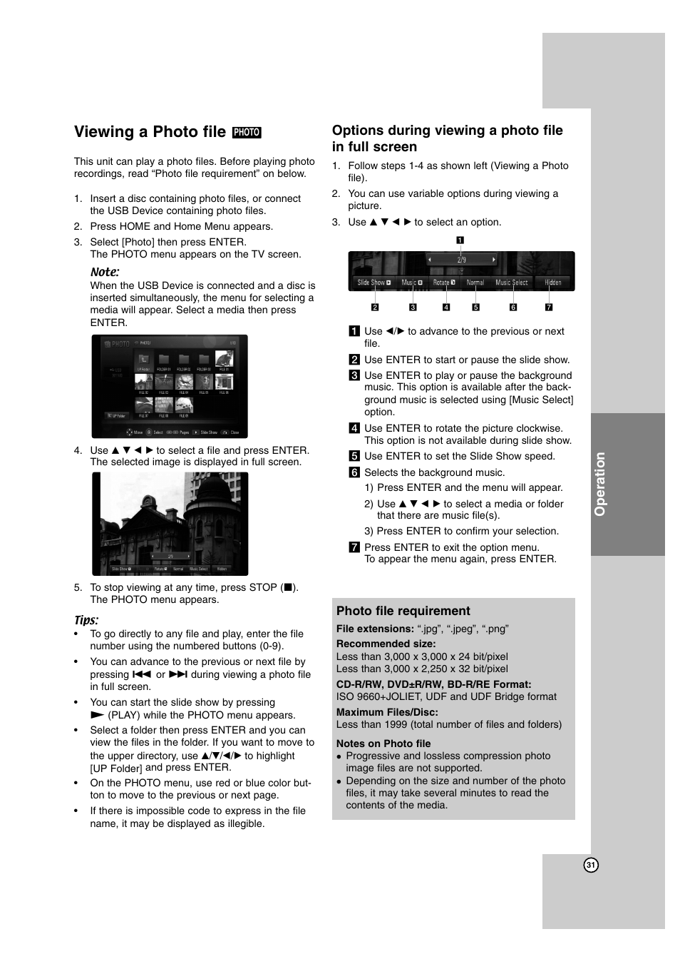 Viewing a photo file, Operation, Options during viewing a photo file in full screen | LG BD300 User Manual | Page 31 / 44