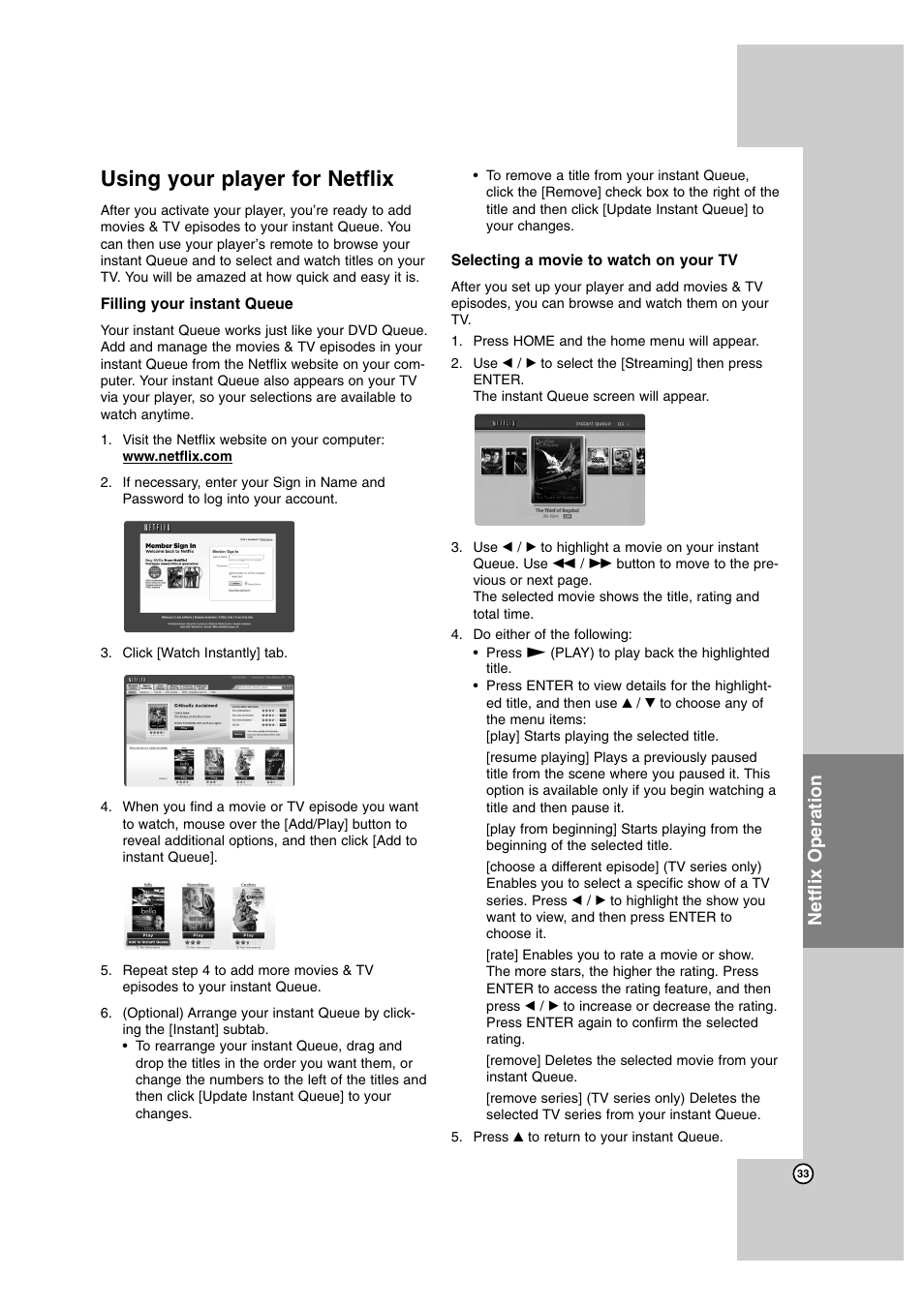 Using your player for netflix, Netflix operation | LG BD300 User Manual | Page 33 / 44