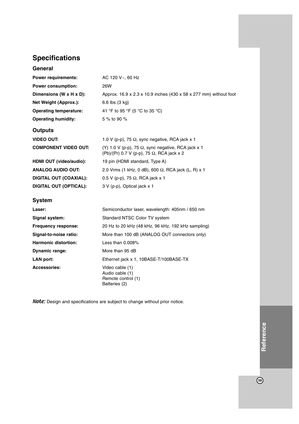 Specifications, Reference | LG BD300 User Manual | Page 39 / 44