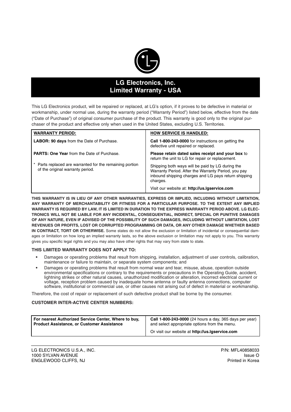 Lg electronics, inc. limited warranty - usa | LG BD300 User Manual | Page 44 / 44