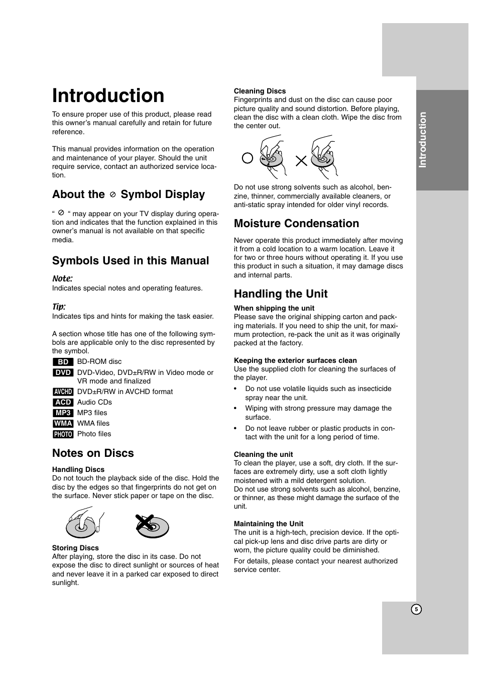 Introduction, About the symbol display, Symbols used in this manual | Moisture condensation, Handling the unit | LG BD300 User Manual | Page 5 / 44