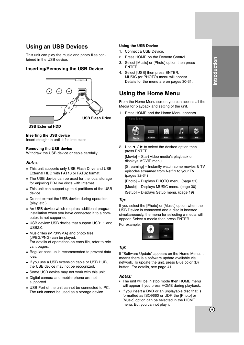 Using an usb devices, Using the home menu, Introduction | LG BD300 User Manual | Page 9 / 44