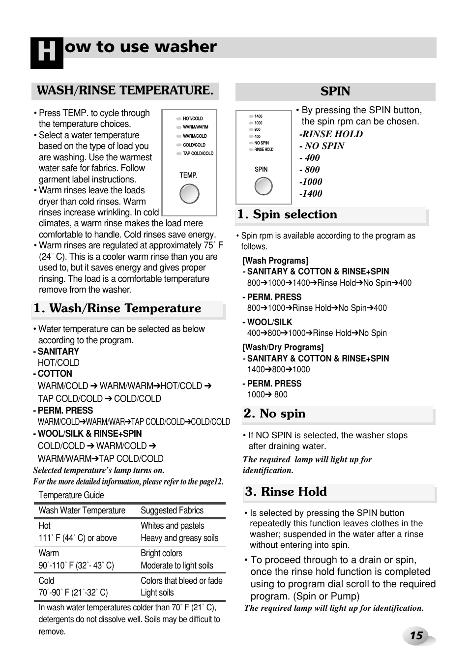 Ow to use washer, Spin selection spin, No spin 3. rinse hold | Wash/rinse temperature | LG WD-3276RHD User Manual | Page 15 / 28