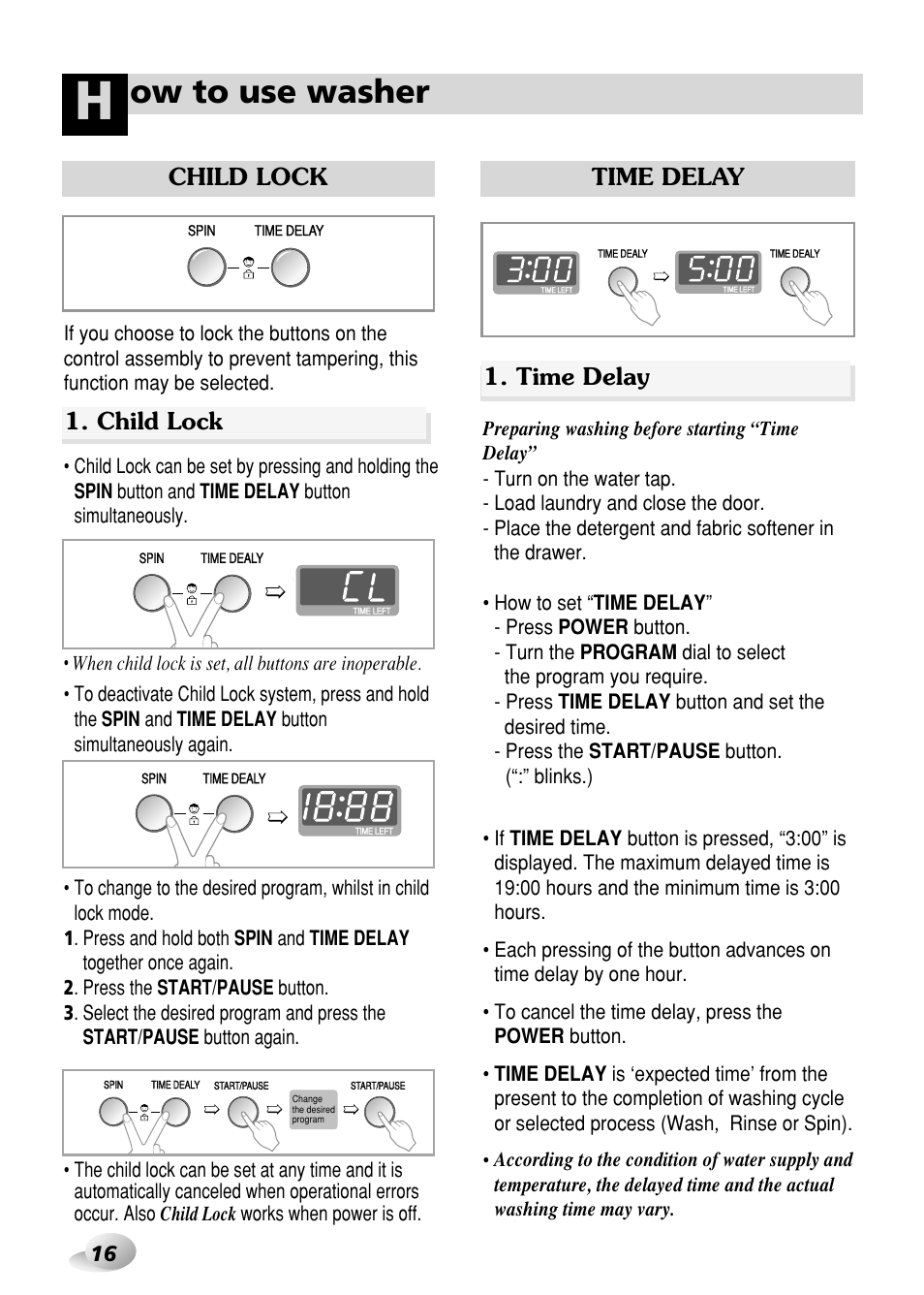 Ow to use washer, Child lock, Time delay 1. time delay | LG WD-3276RHD User Manual | Page 16 / 28