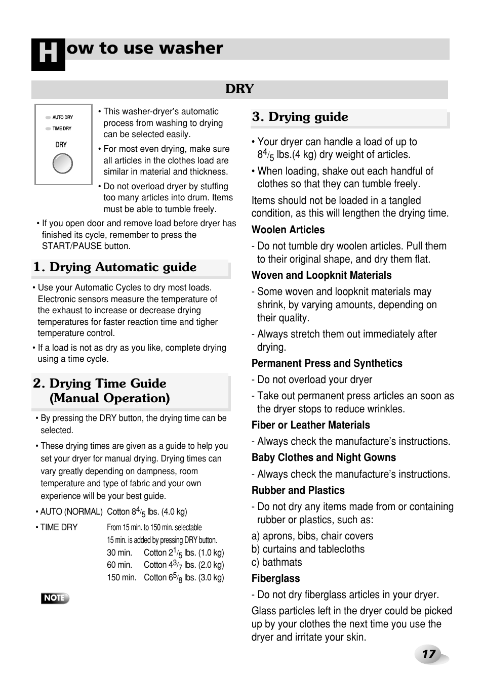 Ow to use washer, Drying time guide (manual operation), Dry 3. drying guide | Drying automatic guide, Your dryer can handle a load of up to 8 | LG WD-3276RHD User Manual | Page 17 / 28