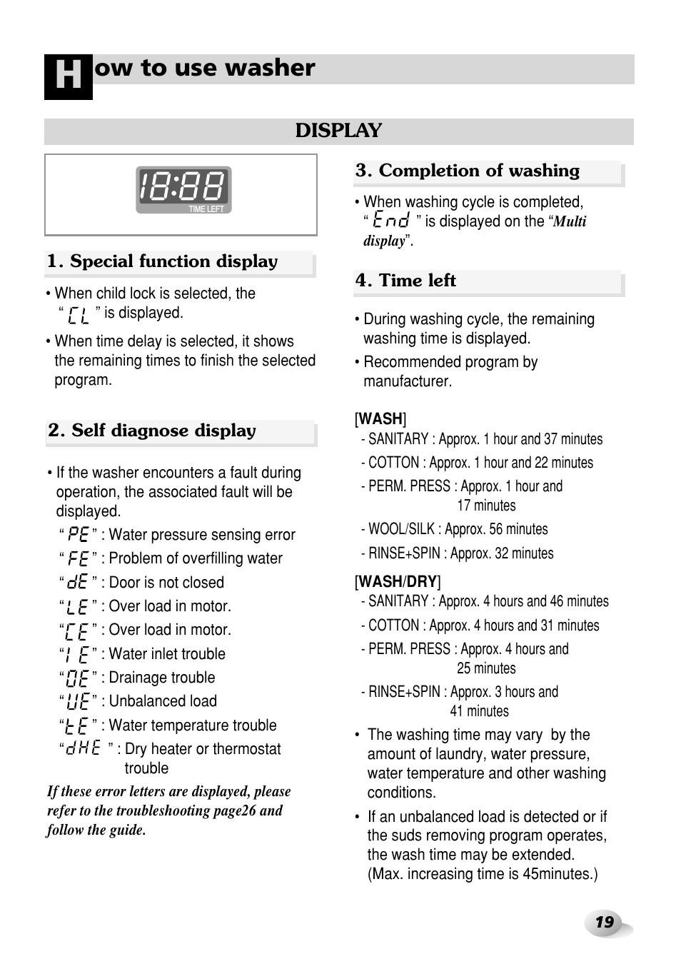 Ow to use washer, Display | LG WD-3276RHD User Manual | Page 19 / 28