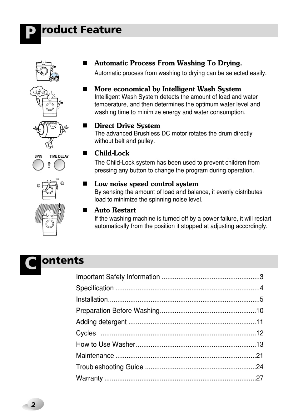 Roduct feature, Ontents | LG WD-3276RHD User Manual | Page 2 / 28