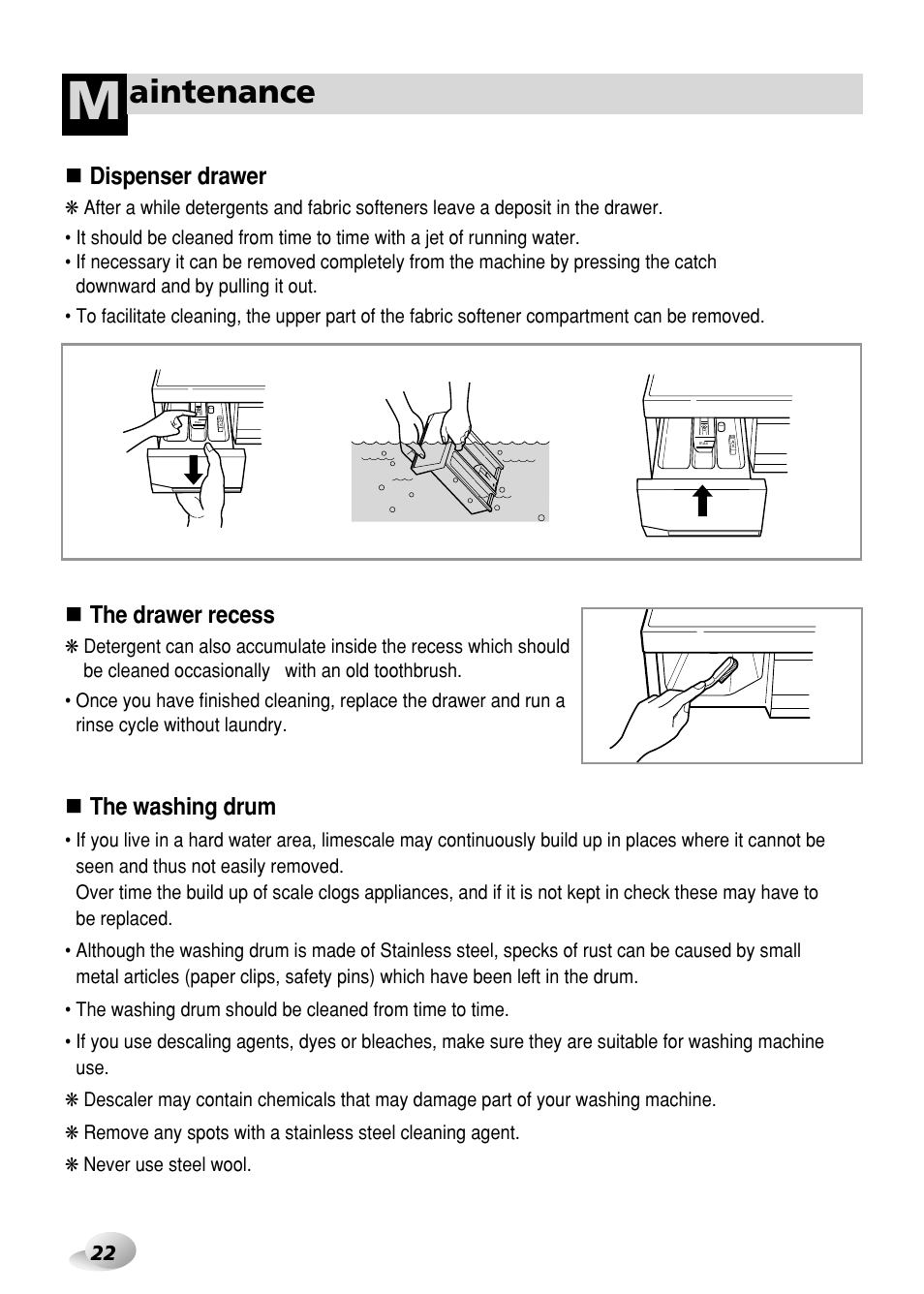 Aintenance, Dispenser drawer, The drawer recess | The washing drum | LG WD-3276RHD User Manual | Page 22 / 28