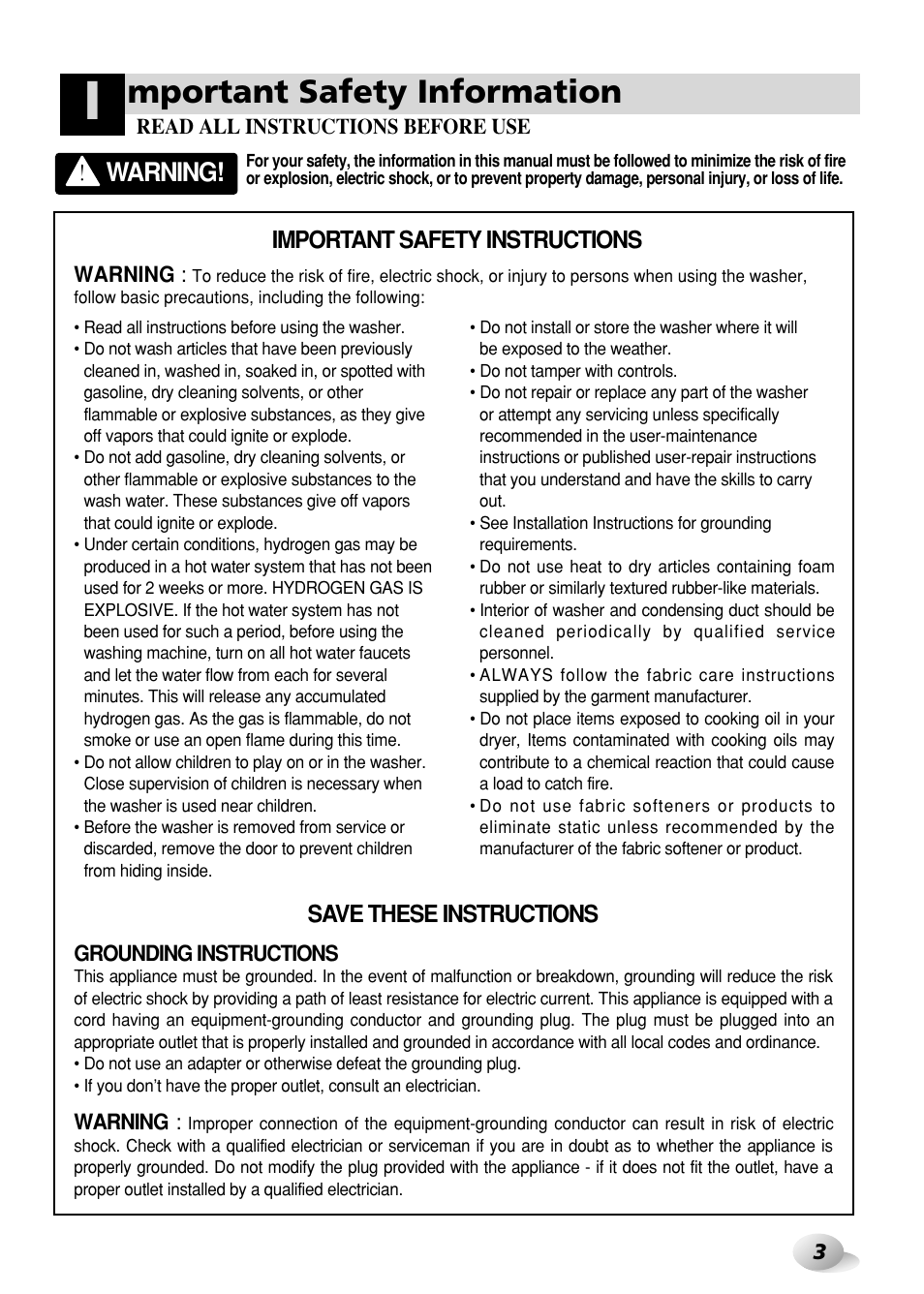 Mportant safety information, Warning, Important safety instructions | Save these instructions | LG WD-3276RHD User Manual | Page 3 / 28