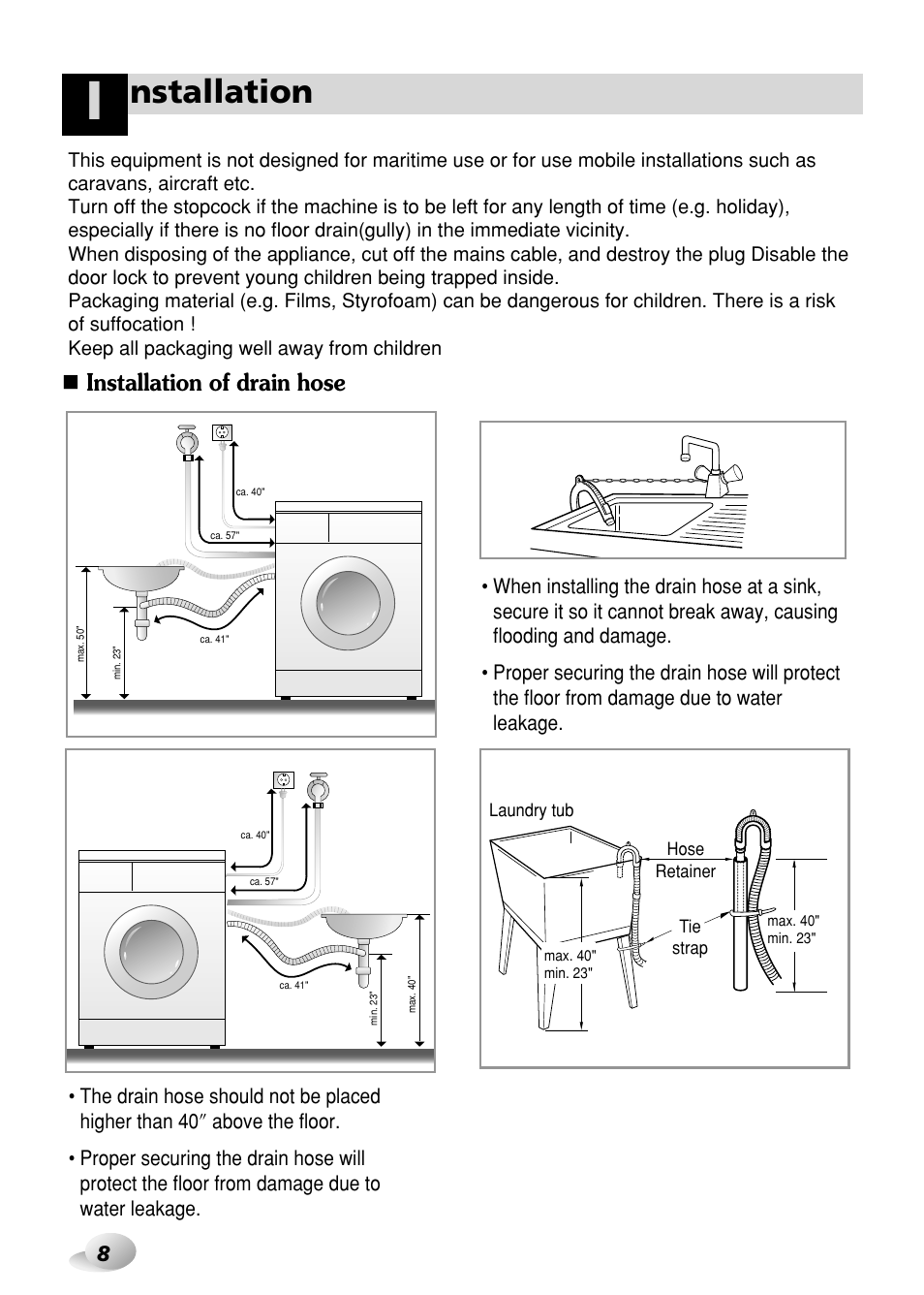 Nstallation, Installation of drain hose | LG WD-3276RHD User Manual | Page 8 / 28