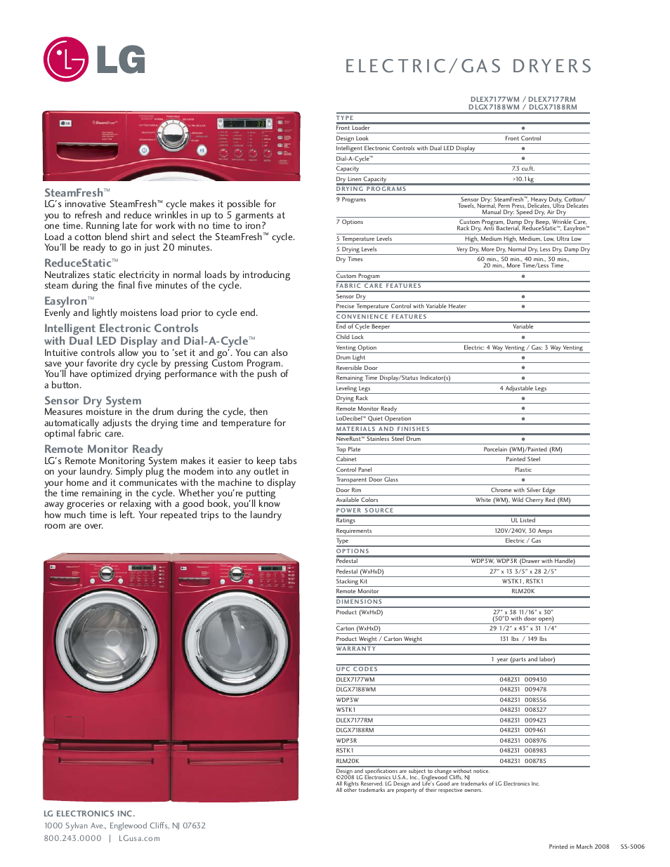 Steamfresh, Reducestatic, Easyiron | Sensor dry system, Remote monitor ready, Lg's innovative steamfresh, Cycle. you'll be ready to go in just 20 minutes | LG DLEX7177WM User Manual | Page 2 / 2