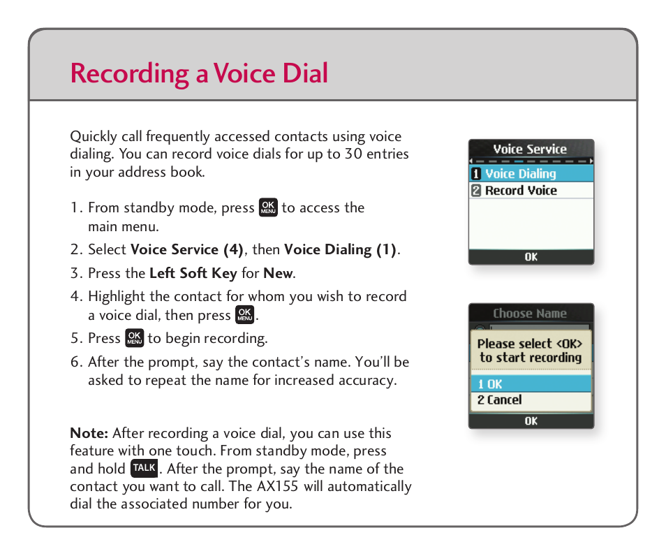 Recording a voice dial | LG AX155 User Manual | Page 4 / 6