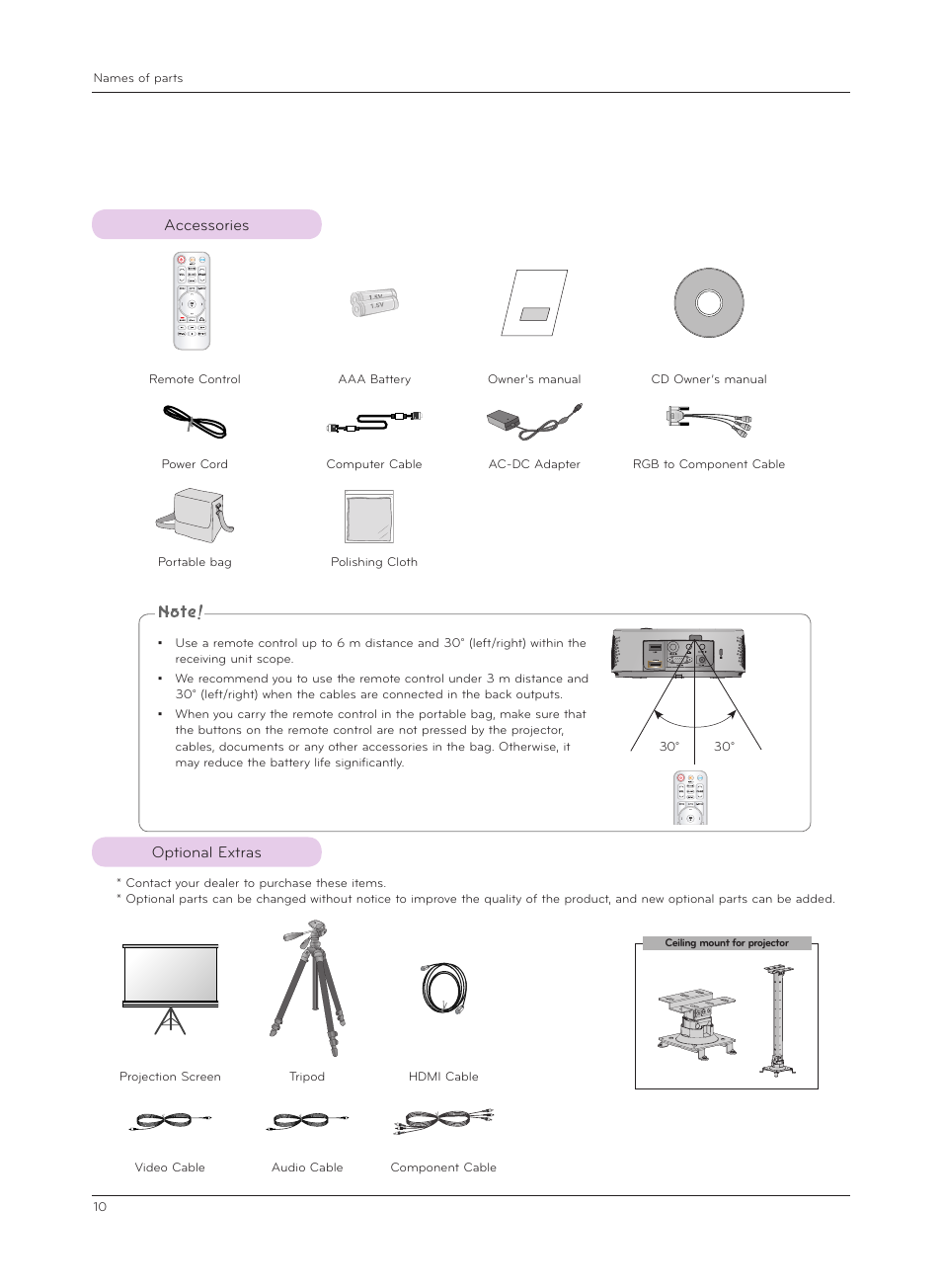 Accessories, Optional extras | LG HX301G User Manual | Page 10 / 44