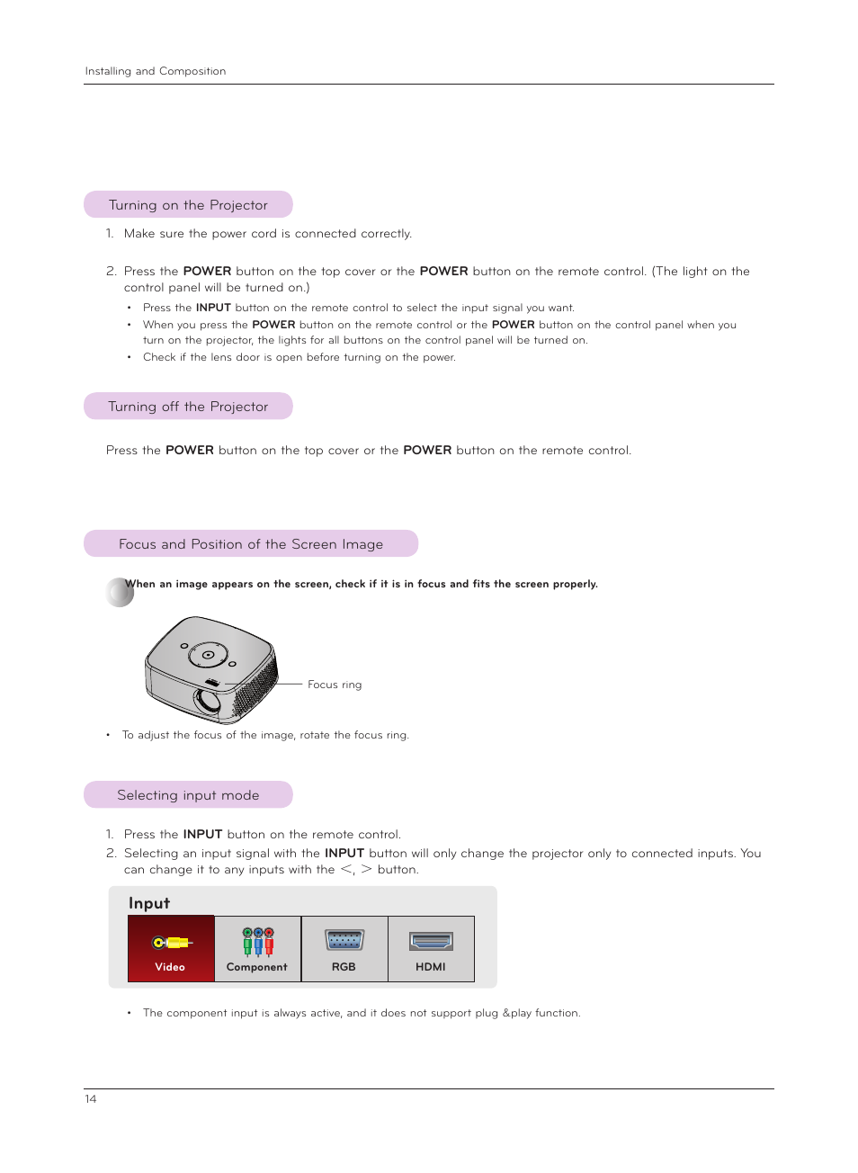 Turning on the projector, Turning off the projector, Focus and position of the screen image | Selecting input mode, Input | LG HX301G User Manual | Page 14 / 44