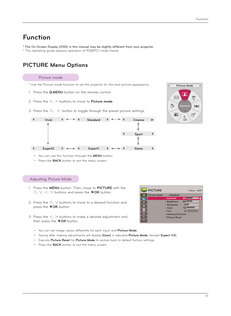 Function, Picture menu options, Picture mode | Adjusting picture mode | LG HX301G User Manual | Page 17 / 44