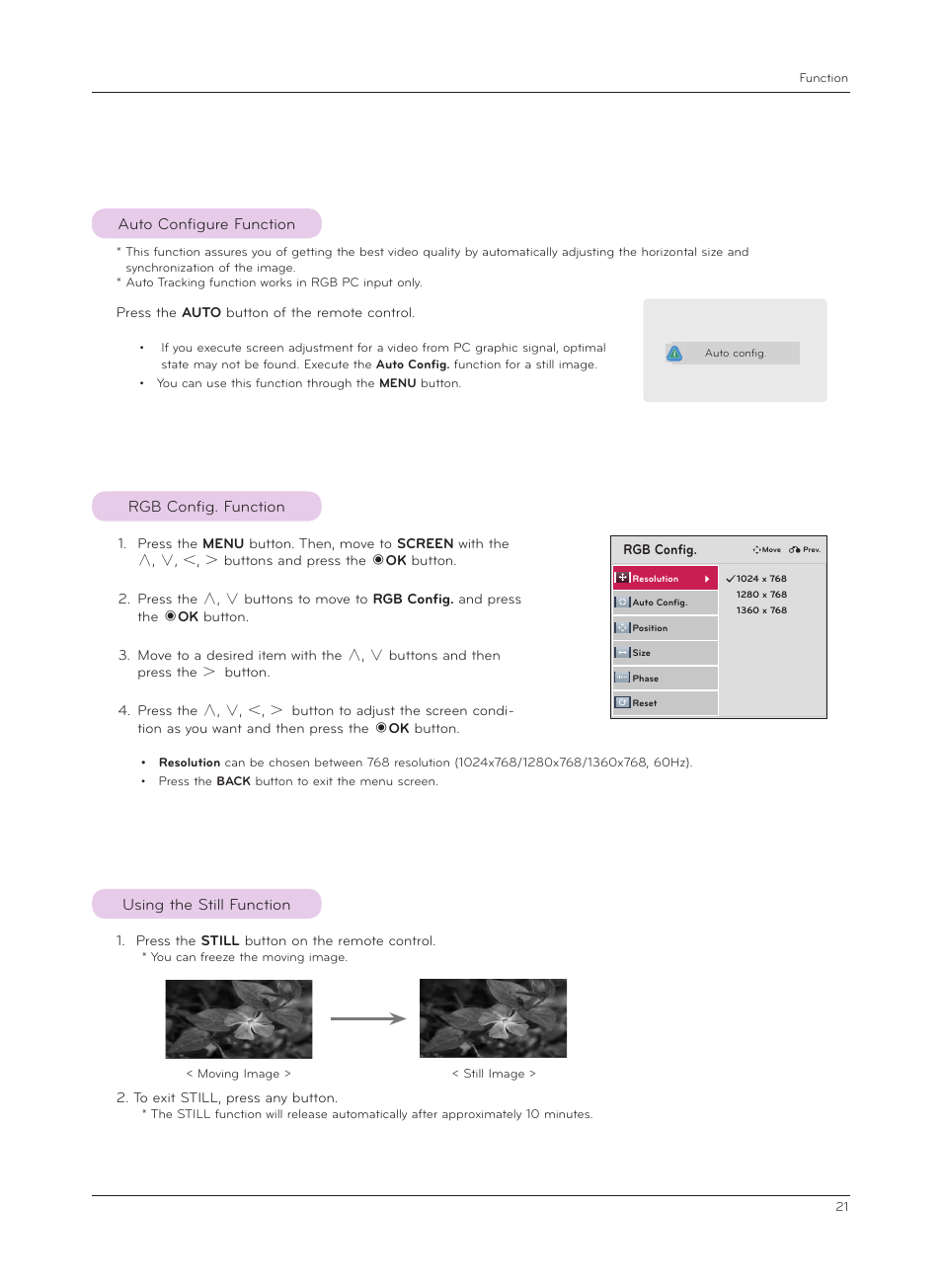 Auto configure function, Rgb config. function, Using the still function | LG HX301G User Manual | Page 21 / 44