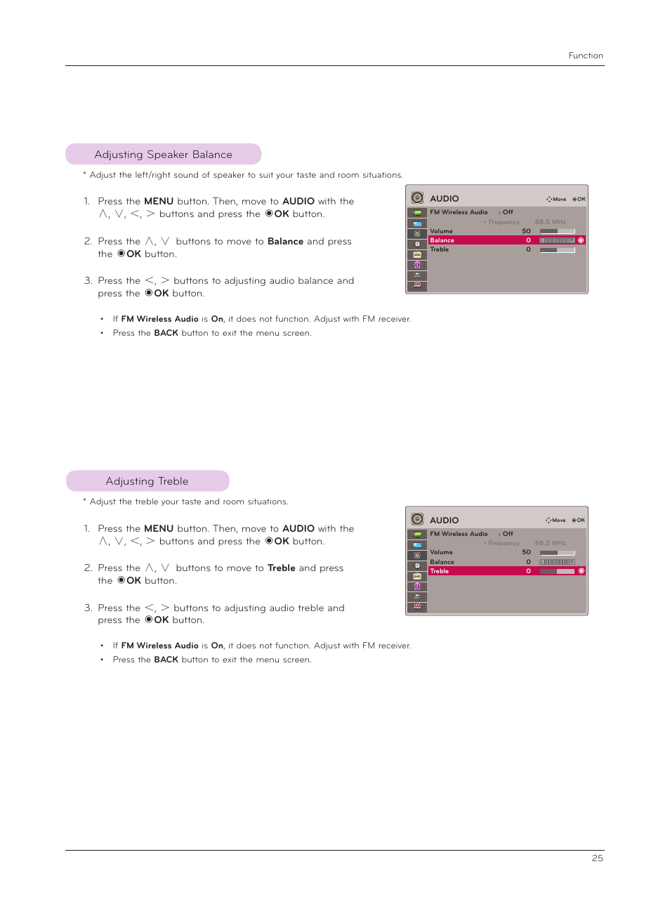 Adjusting speaker balance, Adjusting treble, Adjusting speaker balance adjusting treble | LG HX301G User Manual | Page 25 / 44