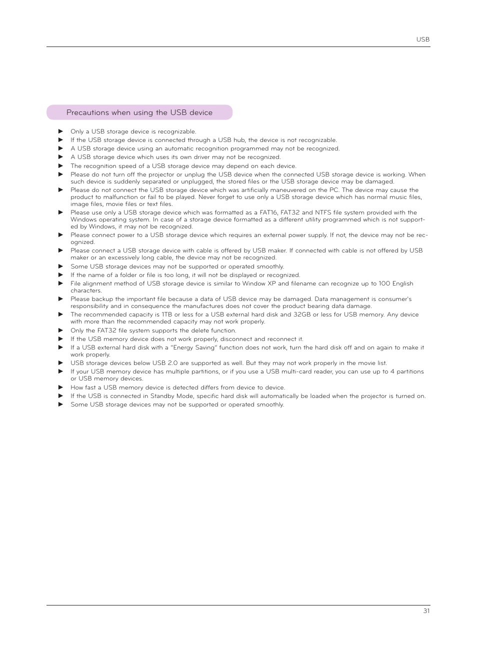 Precautions when using the usb device | LG HX301G User Manual | Page 31 / 44