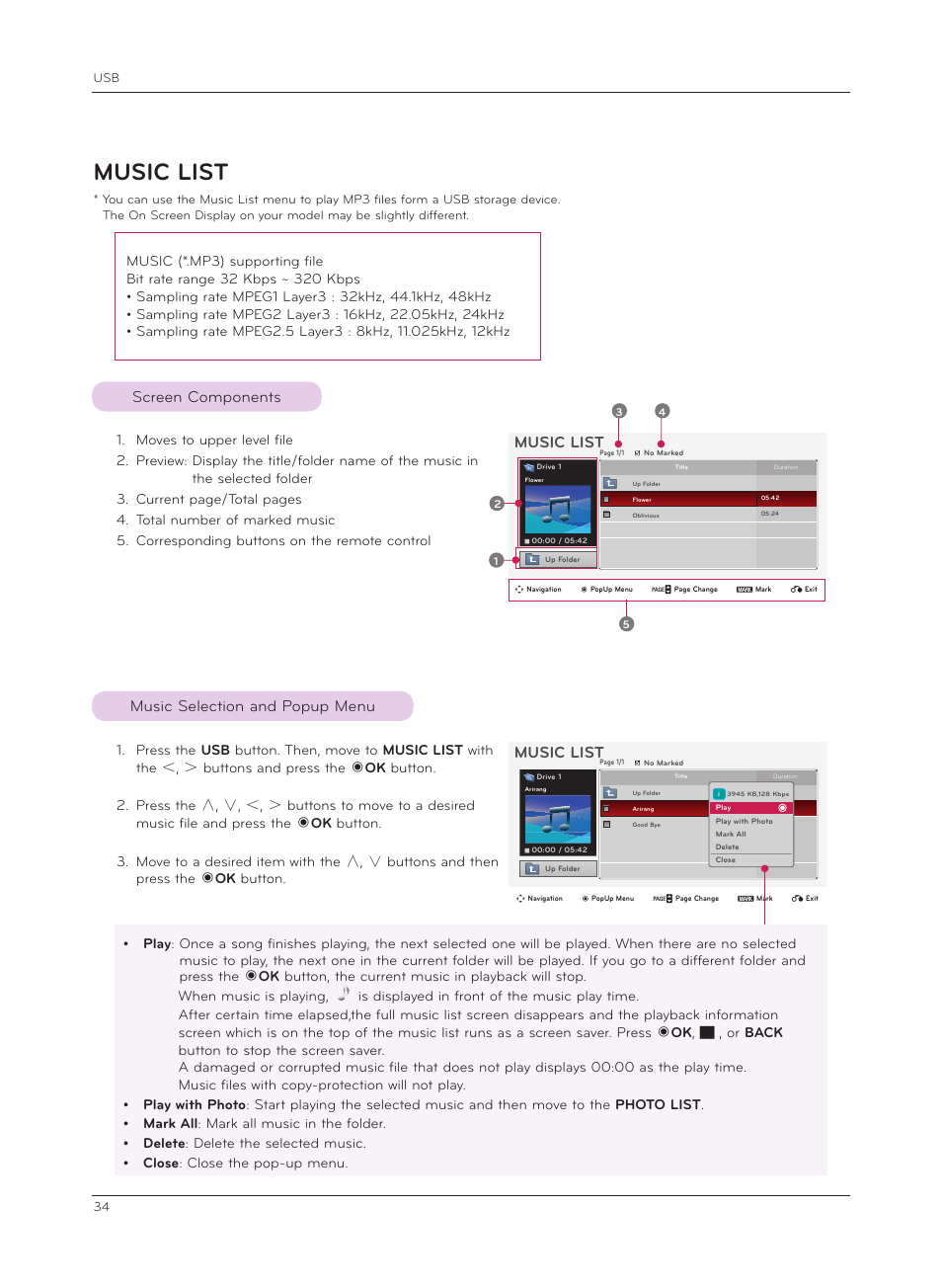 Music list, Screen components, Music selection and popup menu | Music | LG HX301G User Manual | Page 34 / 44