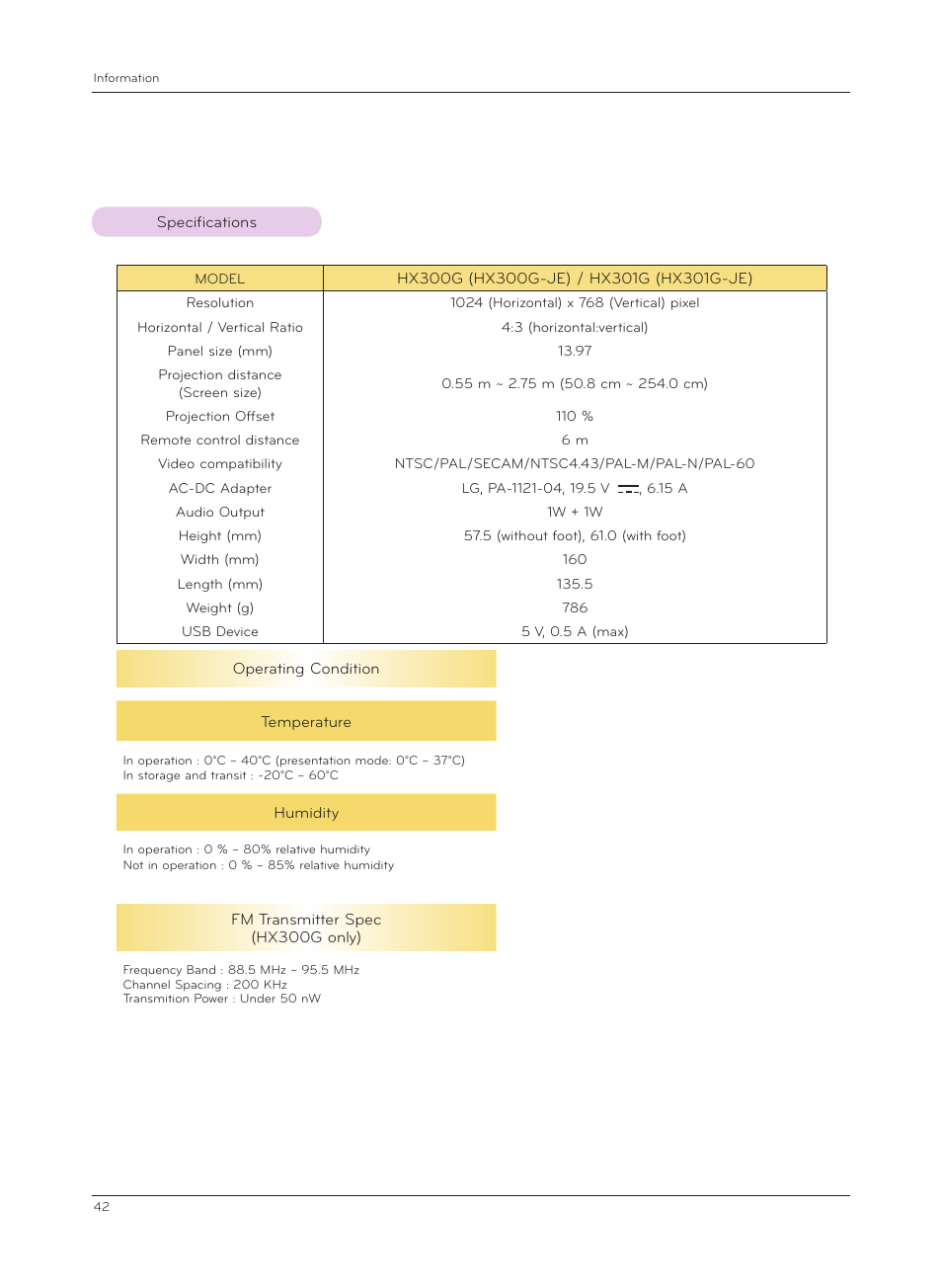 Specifications | LG HX301G User Manual | Page 42 / 44