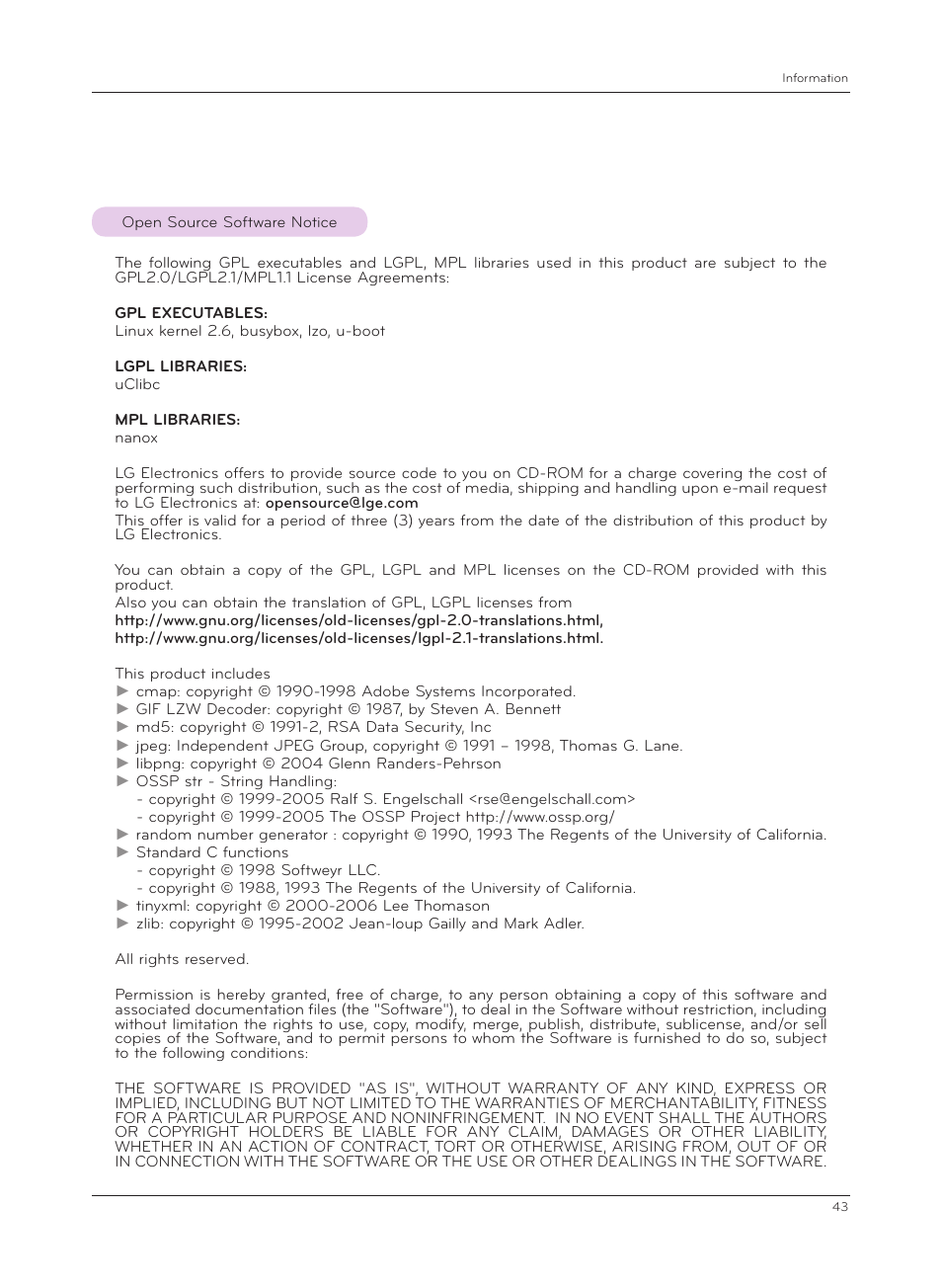 Open source software notice | LG HX301G User Manual | Page 43 / 44